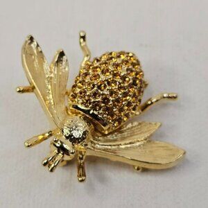 Gold Tone Metal Bee Insect Brooch Yellow Rhinestone Unmarked Pin